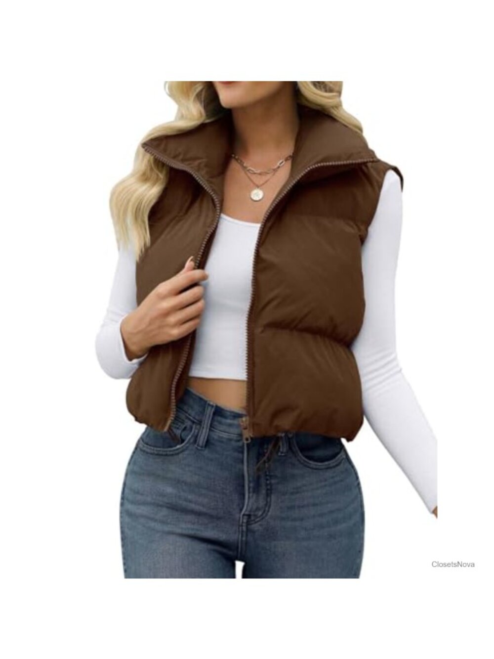 Women's Crop Puffer Vest Sleeveless Zip-Up Padded Gilet Winter Outerwear